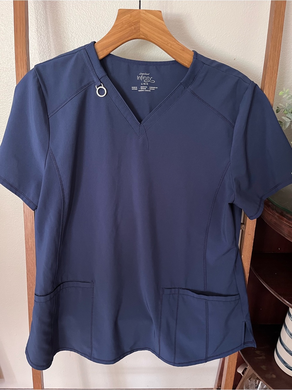 Cherokee Infinity Navy V-Neck Scrub Top with Ring Accent